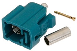 FAKRA Jack Connector Crimp/Solder Attachment for RG174, RG316, RG188, .100 inch, PE-B100, PE-C100, LMR-100, Water Blue Color