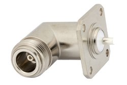 N Female Right Angle Connector Solder Attachment 4 Hole Flange Mount Solder Cup Terminal, .718 inch Hole Spacing