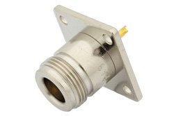 75 Ohm N Female Connector Solder Attachment 4 Hole Flange Mount Solder Cup Terminal, .718 inch Hole Spacing