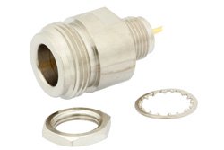 75 Ohm N Female Bulkhead Mount Connector Solder Attachment Solder Cup Terminal, .380 inch Diameter