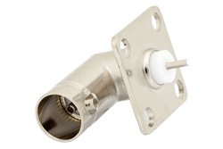 75 Ohm BNC Female Right Angle Connector Solder Attachment 4 Hole Flange Solder Cup Terminal, .531 inch Hole Spacing
