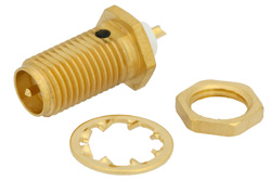 RP SMA Female Bulkhead Connector Solder Attachment Solder Cup Terminal, .235 inch D Hole, .150 inch Max Panel