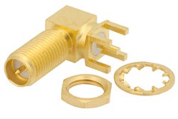 RP SMA Female Right Angle Bulkhead Mount Connector Solder Attachment Thru Hole PCB, .250 inch Diameter