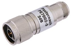 3 dB Fixed Attenuator, N Male to N Female Brass Nickel Body Rated to 1 Watt Up to 3 GHz