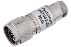 30 dB Fixed Attenuator, N Male to N Female Brass Nickel Body Rated to 1 Watt Up to 3 GHz