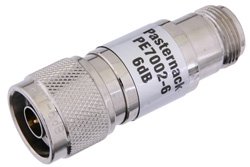 6 dB Fixed Attenuator, N Male to N Female Brass Nickel Body Rated to 1 Watt Up to 3 GHz