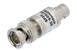 30 dB Fixed Attenuator, 75 Ohm BNC Male to 75 Ohm BNC Female Brass Nickel Body Rated to 1 Watt Up to 1,000 MHz