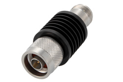 10 dB Fixed Attenuator, N Male to N Female Black Anodized Aluminum Heatsink Body Rated to 10 Watts Up to 18 GHz