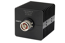 20 dB Fixed Attenuator, N Male to N Female Black Anodized Aluminum Heatsink Body Rated to 25 Watts Up to 18 GHz