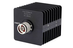 6 dB Fixed Attenuator, N Male to N Female Black Anodized Aluminum Heatsink Body Rated to 25 Watts Up to 18 GHz