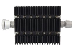 50 dB Fixed Attenuator, 7/16 DIN Female To N Male Directional Black Anodized Aluminum Heatsink Body Rated To 100 Watts Up To 6 GHz