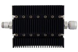 50 dB Fixed Attenuator, N Female To N Male Directional Black Anodized Aluminum Heatsink Body Rated To 100 Watts Up To 6 GHz