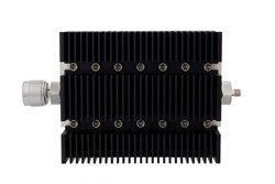 10 dB Fixed Attenuator, N Male To SMA Female Directional Black Anodized Aluminum Heatsink Body Rated To 100 Watts Up To 6 GHz