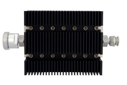 3 dB Fixed Attenuator, 7/16 DIN Female To TNC Male Directional Black Anodized Aluminum Heatsink Body Rated To 100 Watts Up To 6 GHz