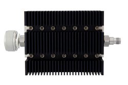 50 dB Fixed Attenuator, 7/16 DIN Male To TNC Female Directional Black Anodized Aluminum Heatsink Body Rated To 100 Watts Up To 6 GHz