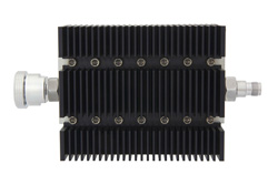 60 dB Fixed Attenuator, 7/16 DIN Female To TNC Female Directional Black Anodized Aluminum Heatsink Body Rated To 100 Watts Up To 6 GHz