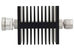 30 dB Fixed Attenuator, 7/16 DIN Female To N Female Directional Black Anodized Aluminum Heatsink Body Rated To 50 Watts Up To 7.5 GHz