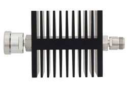 3 dB Fixed Attenuator, 7/16 DIN Female To N Female Directional Black Anodized Aluminum Heatsink Body Rated To 50 Watts Up To 18 GHz