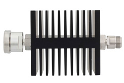 30 dB Fixed Attenuator, 7/16 DIN Female To N Female Directional Black Anodized Aluminum Heatsink Body Rated To 50 Watts Up To 18 GHz