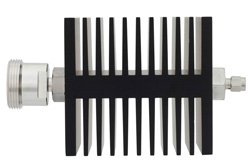 10 dB Fixed Attenuator, 7/16 DIN Female To SMA Male Directional Black Anodized Aluminum Heatsink Body Rated To 50 Watts Up To 7.5 GHz