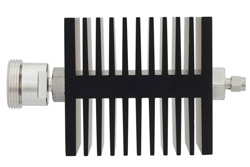 20 dB Fixed Attenuator, 7/16 DIN Female To SMA Male Directional Black Anodized Aluminum Heatsink Body Rated To 50 Watts Up To 7.5 GHz