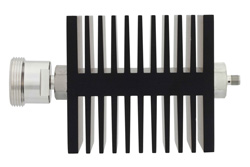 30 dB Fixed Attenuator, 7/16 DIN Female To SMA Female Directional Black Anodized Aluminum Heatsink Body Rated To 50 Watts Up To 18 GHz