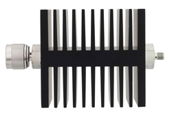 50 dB Fixed Attenuator, N Male To SMA Female Directional Black Anodized Aluminum Heatsink Body Rated To 50 Watts Up To 18 GHz