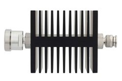 30 dB Fixed Attenuator, 7/16 DIN Female To TNC Male Directional Black Anodized Aluminum Heatsink Body Rated To 50 Watts Up To 7.5 GHz