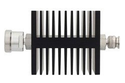 40 dB Fixed Attenuator, 7/16 DIN Female To TNC Male Directional Black Anodized Aluminum Heatsink Body Rated To 50 Watts Up To 7.5 GHz