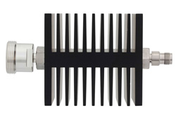 40 dB Fixed Attenuator, 7/16 DIN Female To TNC Female Directional Black Anodized Aluminum Heatsink Body Rated To 50 Watts Up To 18 GHz