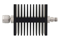 50 dB Fixed Attenuator, N Male To TNC Female Directional Black Anodized Aluminum Heatsink Body Rated To 50 Watts Up To 18 GHz