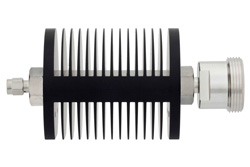 50 dB Fixed Attenuator, SMA Male to 7/16 DIN Female Black Anodized Aluminum Heatsink Body Rated to 25 Watts Up to 6 GHz
