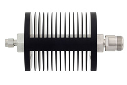 20 dB Fixed Attenuator, SMA Male to N Female Black Anodized Aluminum Heatsink Body Rated to 25 Watts Up to 18 GHz