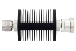 40 dB Fixed Attenuator, N Male to 7/16 DIN Female Black Anodized Aluminum Heatsink Body Rated to 25 Watts Up to 7.5 GHz