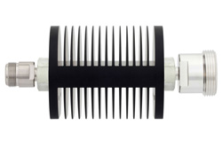 10 dB Fixed Attenuator, N Female to 7/16 DIN Female Black Anodized Aluminum Heatsink Body Rated to 25 Watts Up to 7.5 GHz