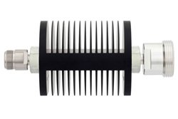 50 dB Fixed Attenuator, N Female to 7/16 DIN Female Black Anodized Aluminum Heatsink Body Rated to 25 Watts Up to 6 GHz