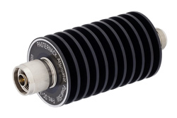 3 dB Fixed Attenuator, N Male to N Female Black Anodized Aluminum Heatsink Body Rated to 50 Watts Up to 3 GHz