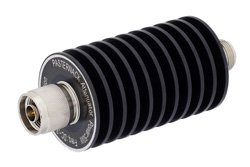 40 dB Fixed Attenuator, N Male to N Female Black Anodized Aluminum Heatsink Body Rated to 50 Watts Up to 3 GHz