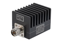 10 dB Fixed Attenuator, N Male To N Female Black Anodized Aluminum Heatsink Body Rated To 50 Watts Up To 4 GHz