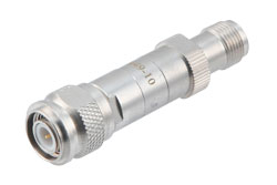 10dB DC Bias Attenuator, TNC Male to TNC Female Brass Tri-Metal Body Rated to 2 Watts from 100MHz to 3 GHz
