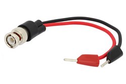 75 Ohm BNC Male to Stacking Tip Plug Adapter Breakout With 6 Inch Length Using Red and Black Wires