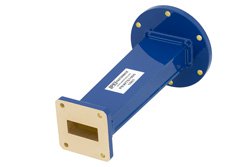 WR-137 to WR-112 Waveguide Transition 6 Inch Length, UG-344/U Round Cover Flange to UG-51/U Square Cover Flange